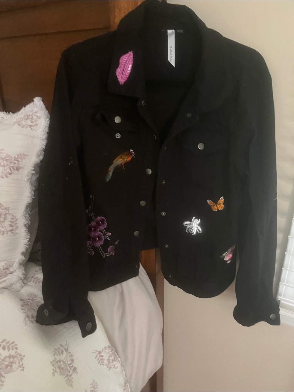 NY Collection Black Jean Jacket with Colorful Embroidered Birds & Butterflies